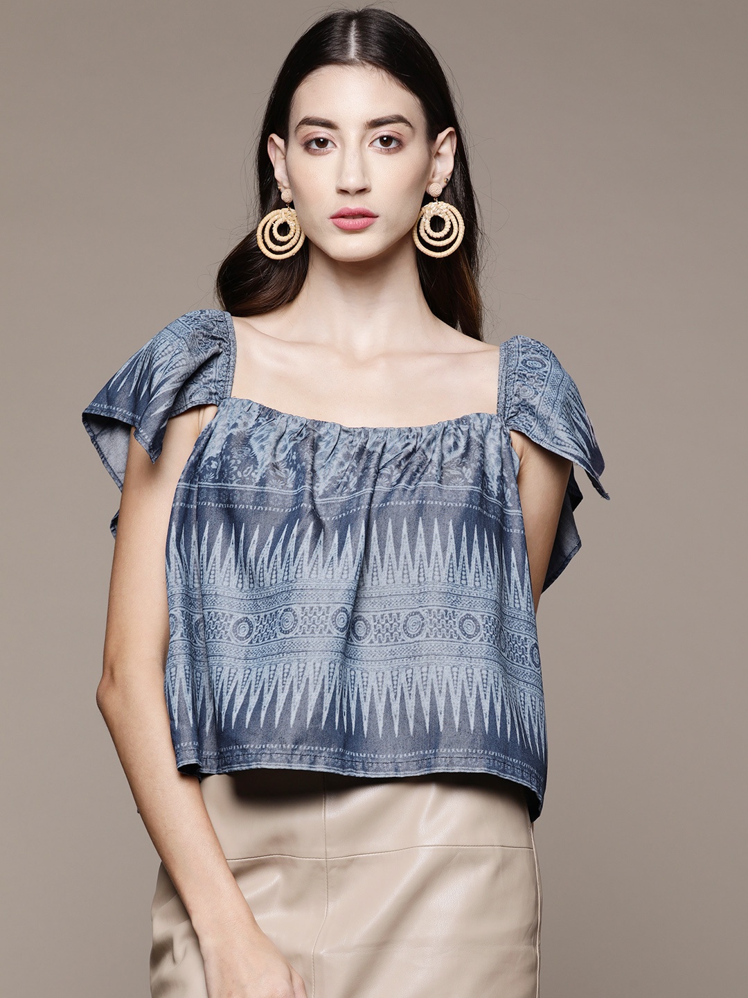 

Label Ritu Kumar Women Blue & Grey Print Pure Cotton Denim Top