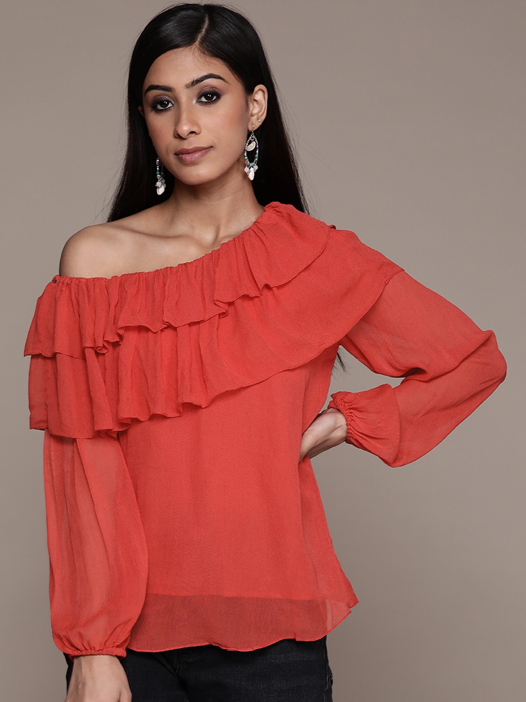 

Label Ritu Kumar Women Red One Shoulder Ruffles Top