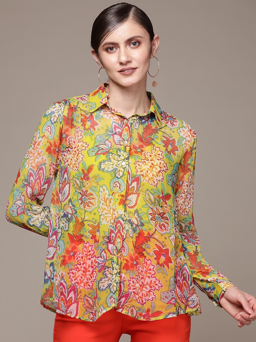 

Label Ritu Kumar Women Yellow Floral Semi Sheer Printed Casual Shirt With Camisole