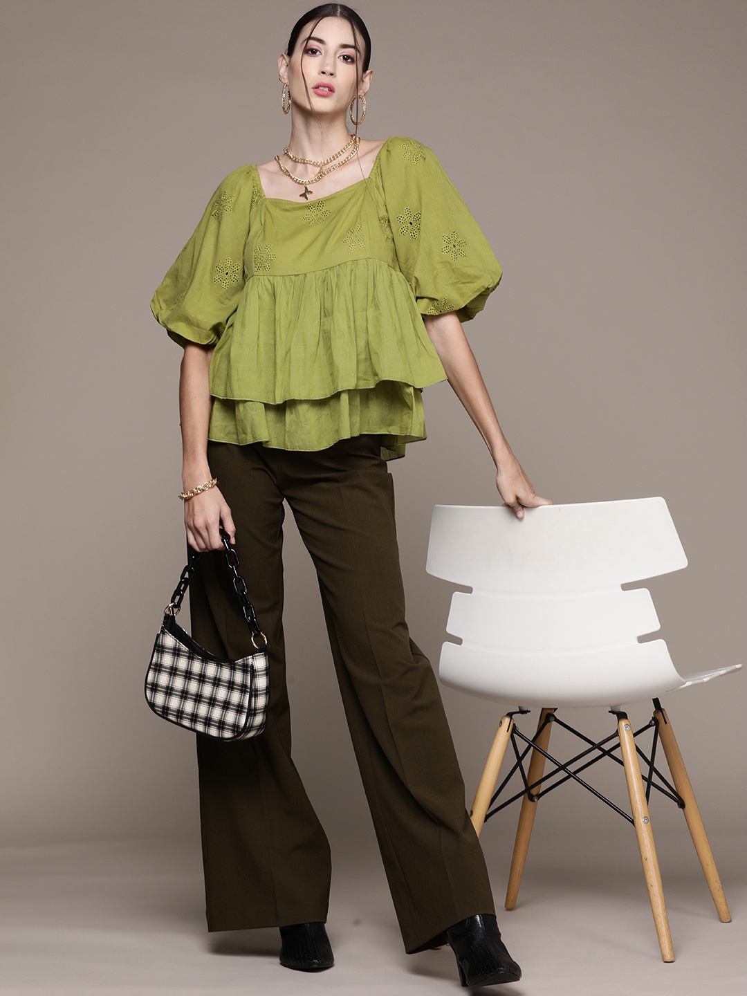 

Label Ritu Kumar Green Layered Peplum Top