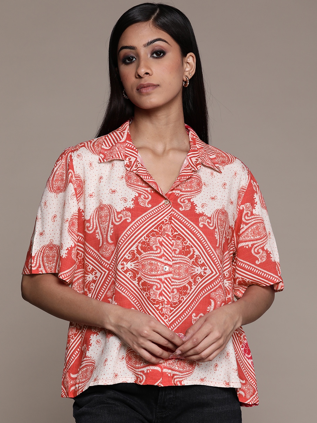 

Label Ritu Kumar Women Red & White Printed Casual Shirt