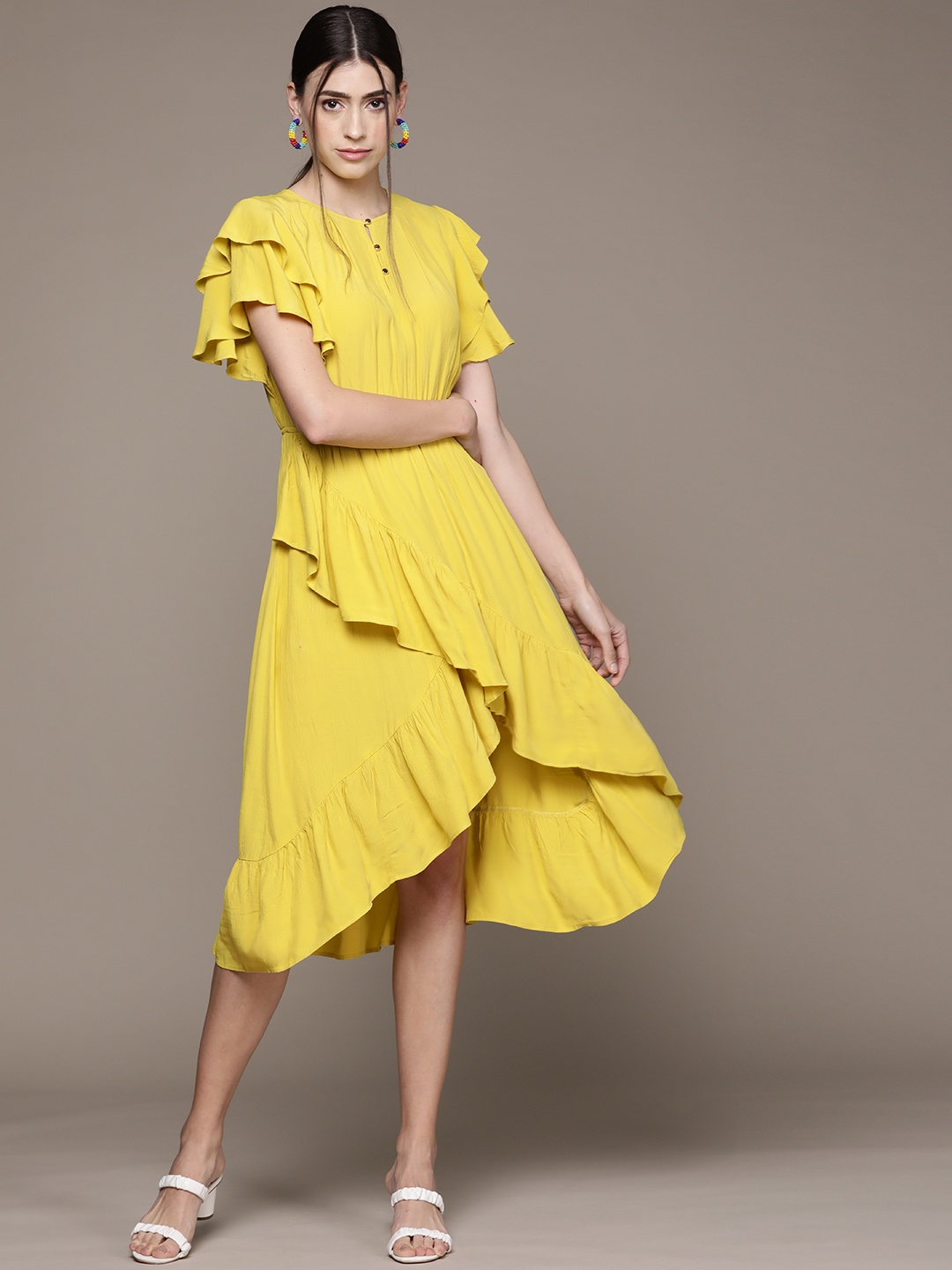 

Label Ritu Kumar Women Yellow Solid Crepe A-Line Midi Dress