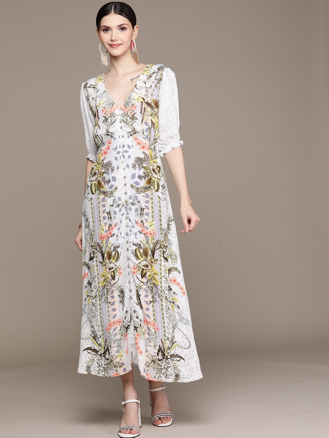 

Label Ritu Kumar Grey & Olive Green Floral Crepe Maxi Dress