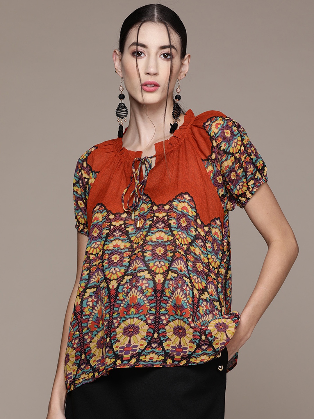 

Label Ritu Kumar Rust & Beige Print Tie-Up Neck Georgette Top