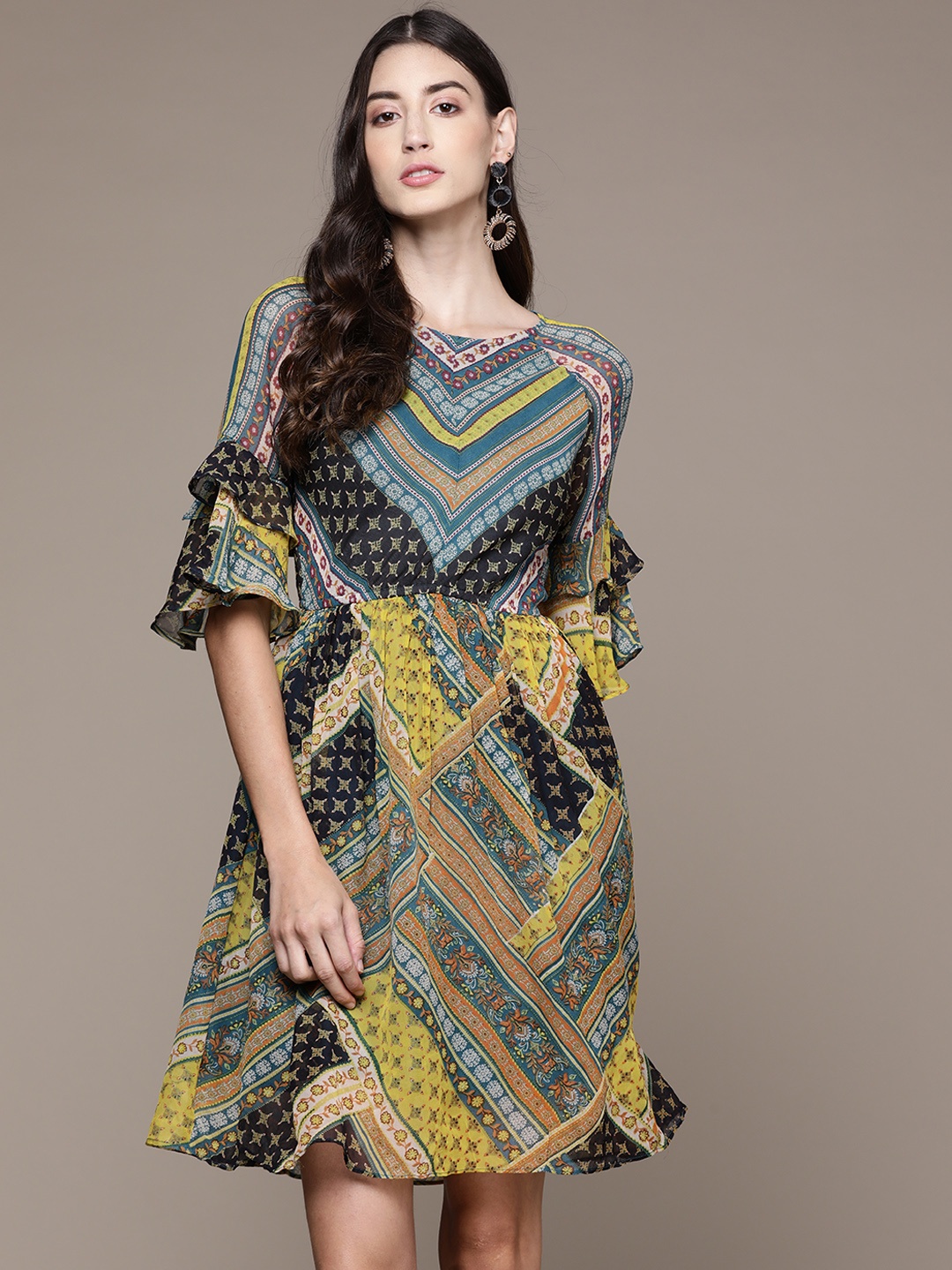 

Label Ritu Kumar Women Teal Blue & Black Ethnic Motifs Georgette A-Line Dress