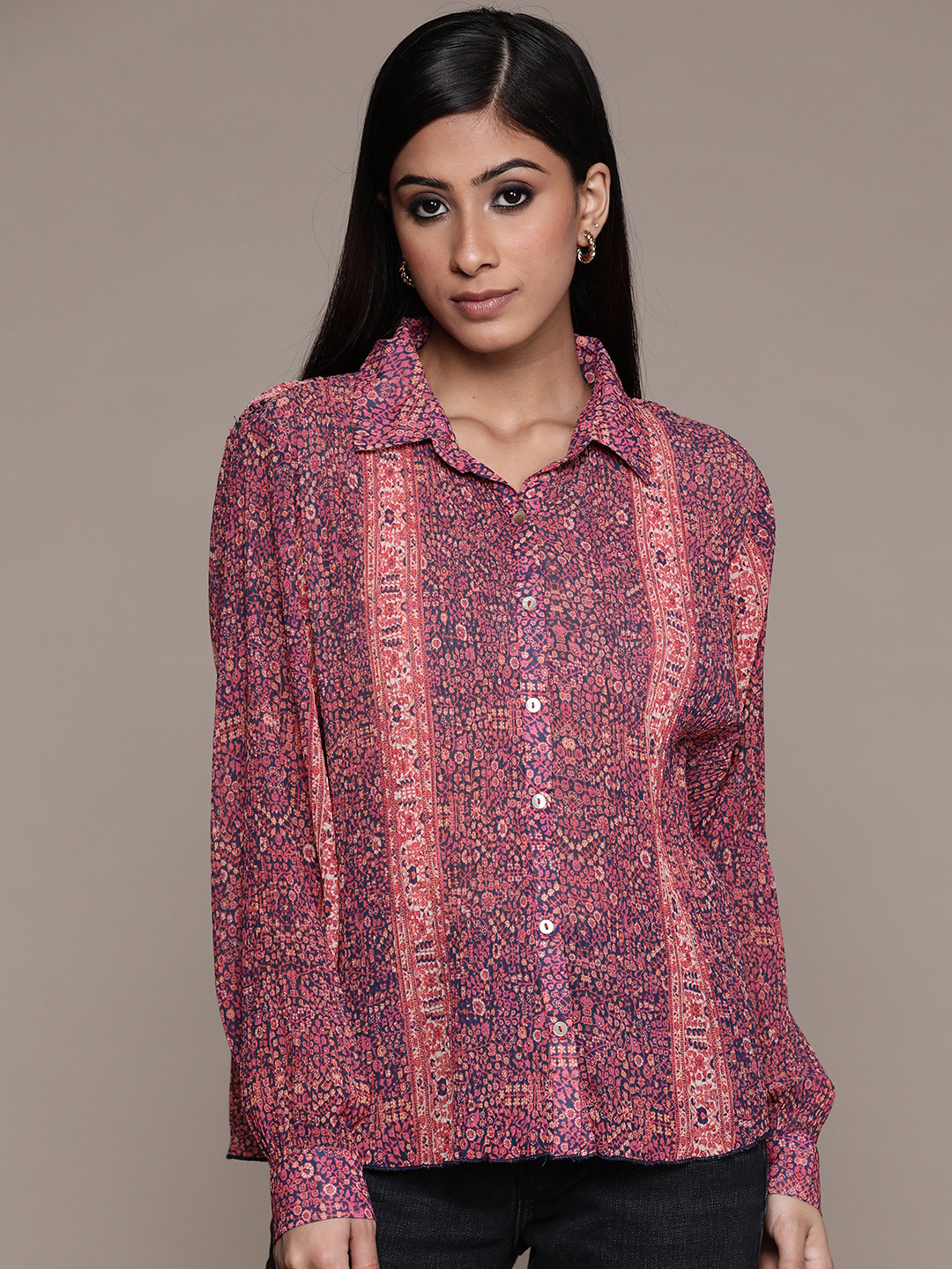 

Label Ritu Kumar Women Navy Blue Floral Semi Sheer Printed Casual Shirt