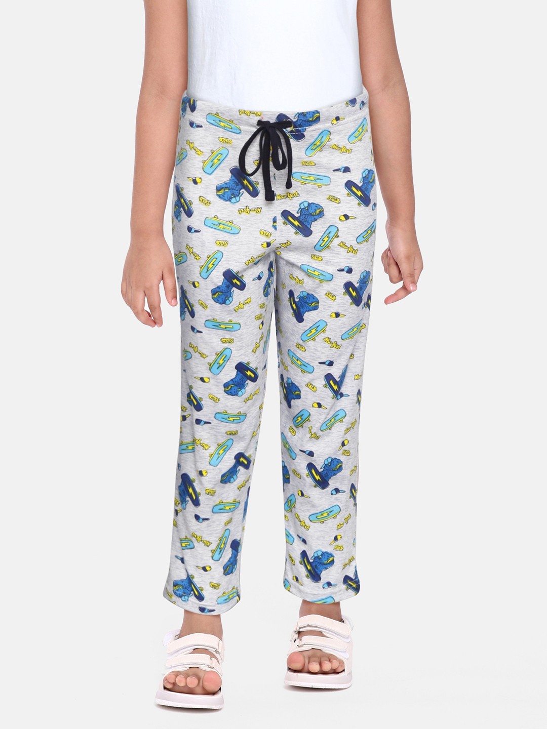 

Leading Lady Girls Grey Melange & Blue Conversational Print Cotton Lounge Track Pants