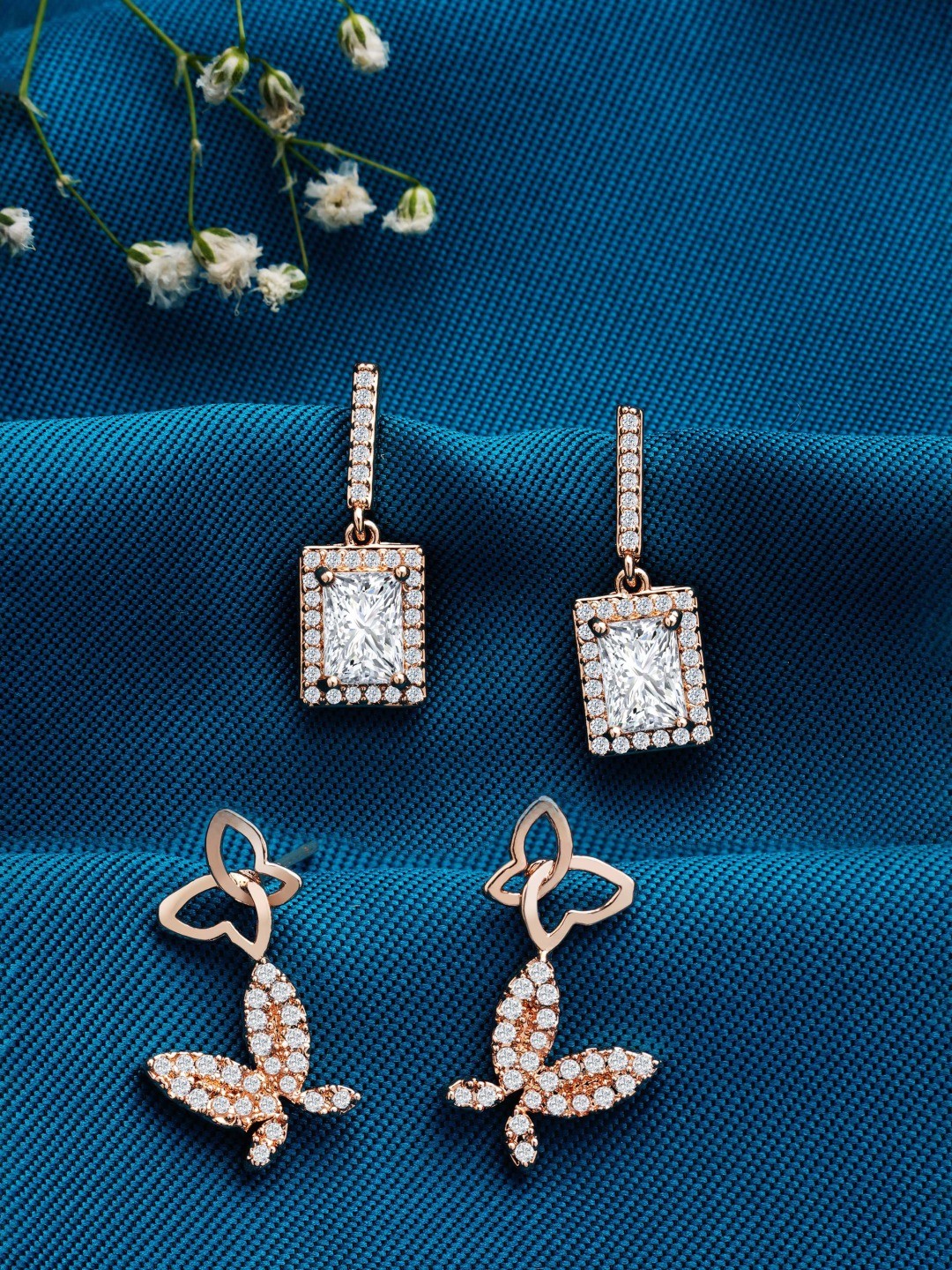 

Zaveri Pearls Set of 2 Rose-Gold Plated & White Cubic Zirconia Contemporary Drop Earrings
