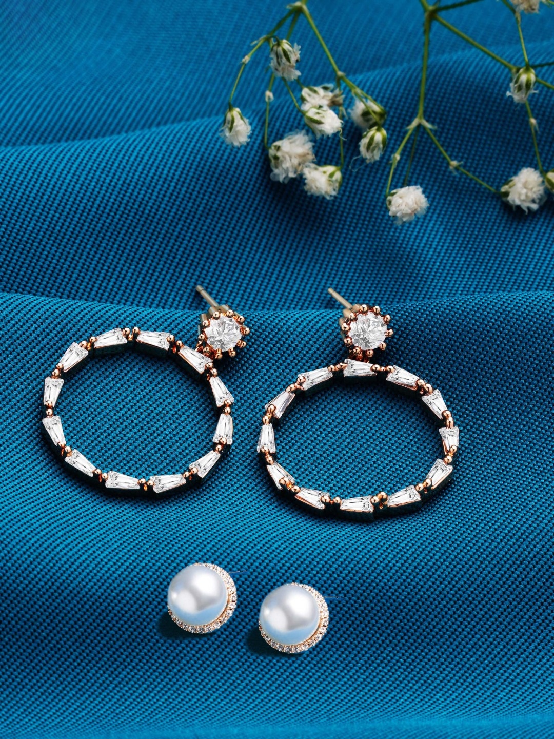 

Zaveri Pearls Set of 2 Rose Gold Plated & White Cubic Zirconia Contemporary Studs Earrings