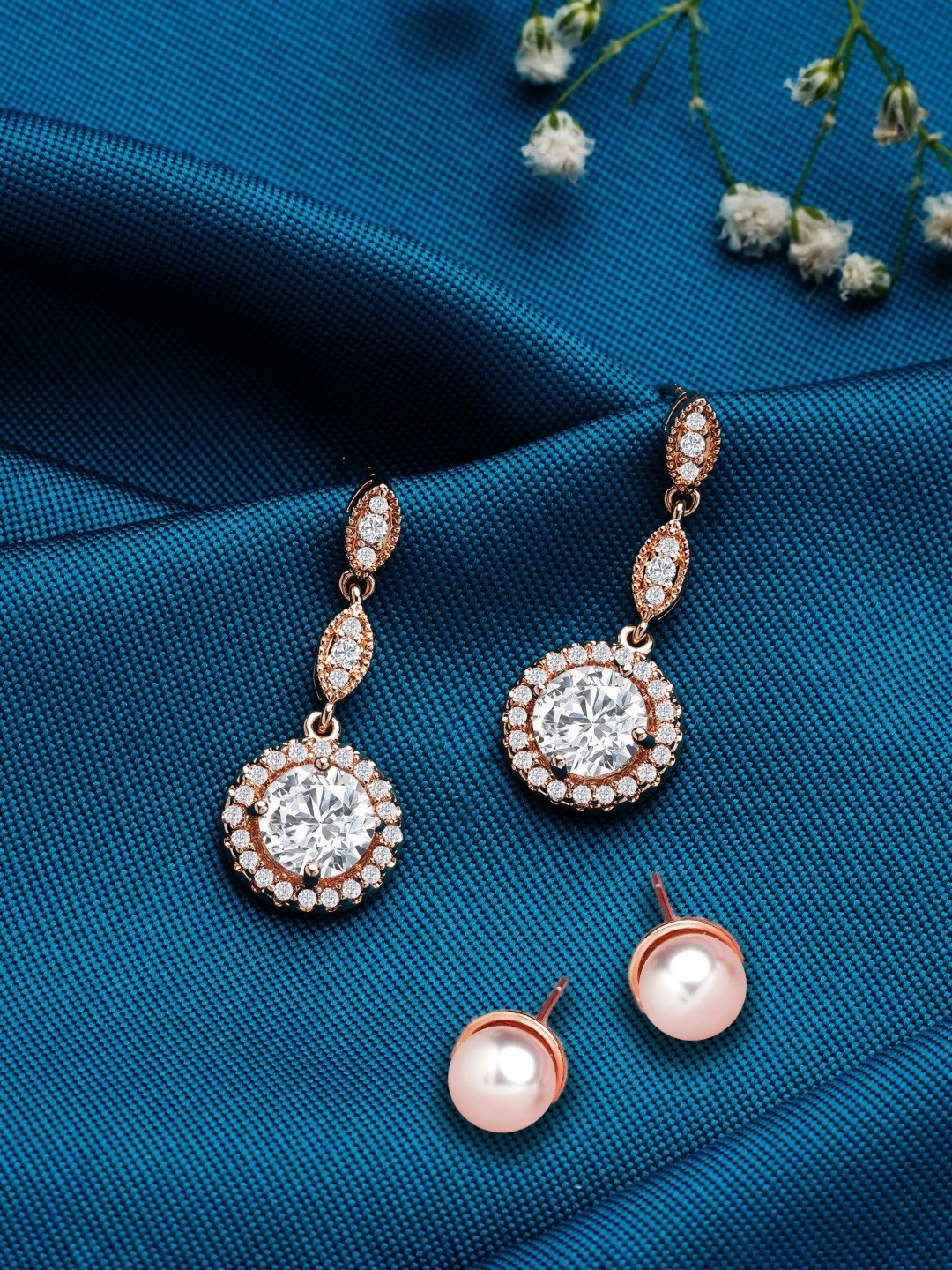 

Zaveri Pearls Rose Gold & White Contemporary Drop Earrings Pack Of 2