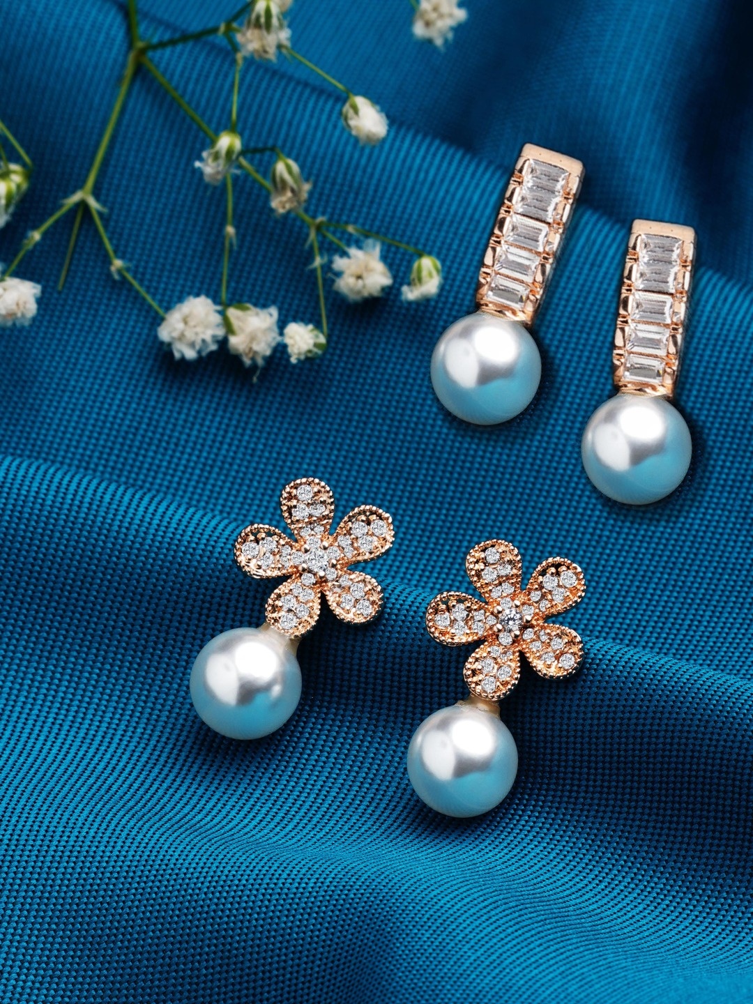 

Zaveri Pearls Set Of 2 Rose Gold Plated Contemporary Drop Earrings
