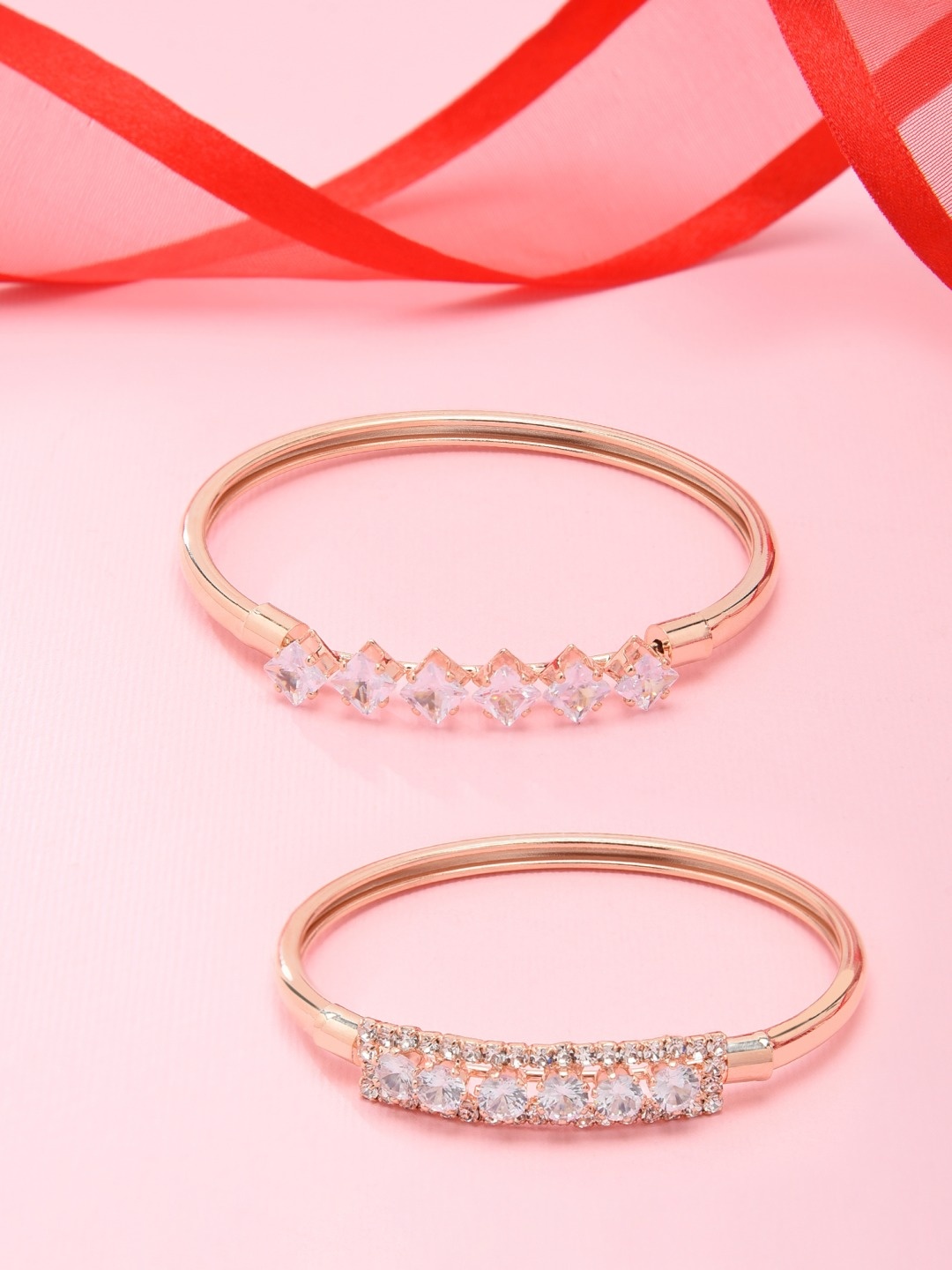 

Zaveri Pearls Women Set of 2 Rose Gold-Plated Brass Cubic Zirconia Kada Bracelet