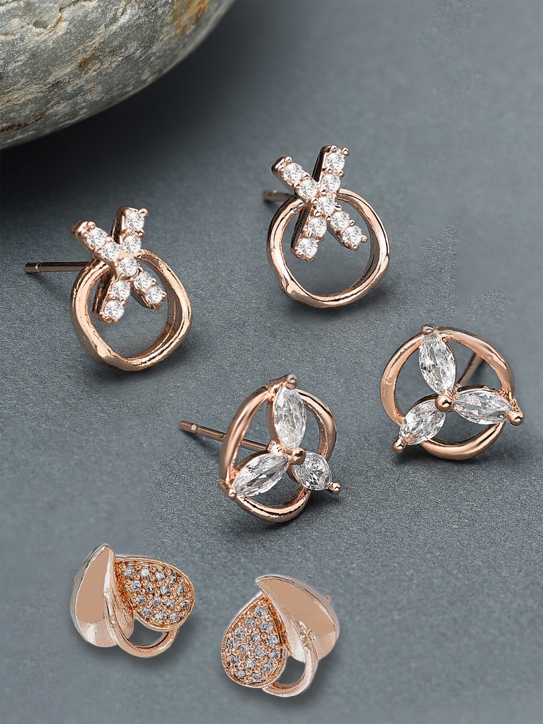 

Zaveri Pearls Set Of 3 Rose Gold-Toned Contemporary Studs Earrings