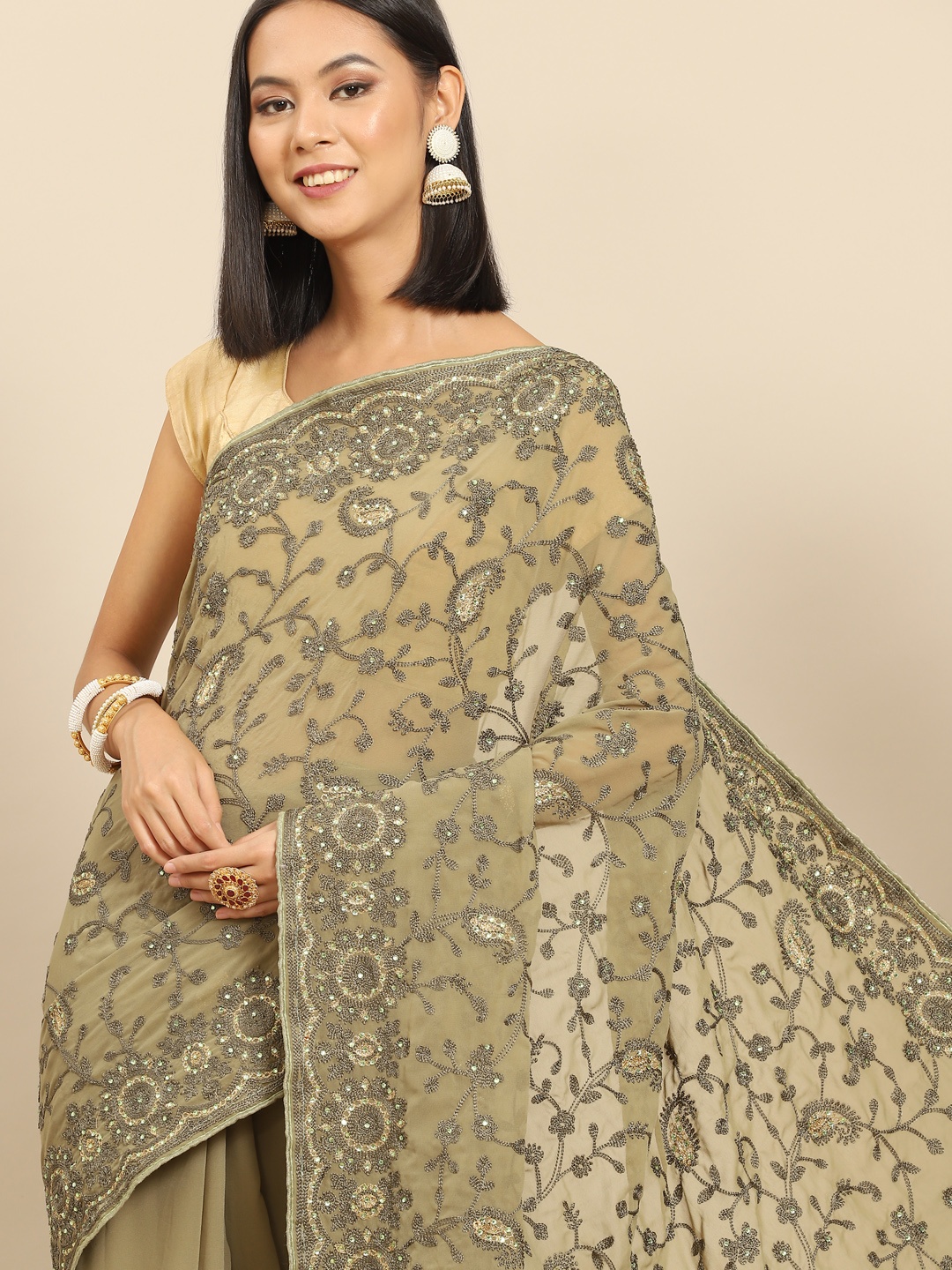 

Anouk Olive Green Floral Embroidered Saree