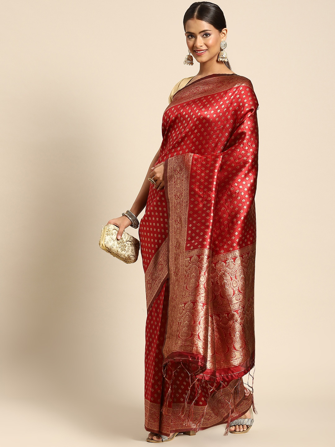 

Anouk Maroon & Golden Woven Design Silk Blend Banarasi Saree