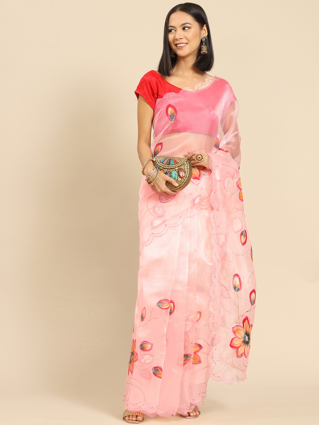 

Anouk Peach-Coloured Hand-Printed Floral Organza Saree