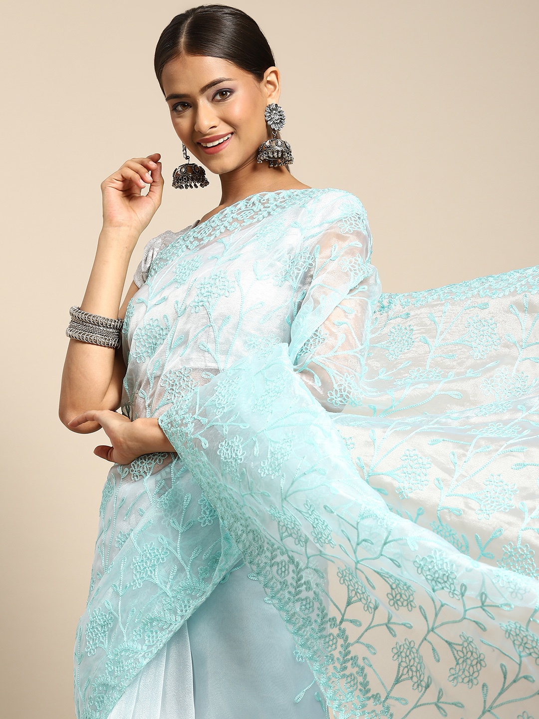 

Anouk Blue Ethnic Motifs Organza Saree