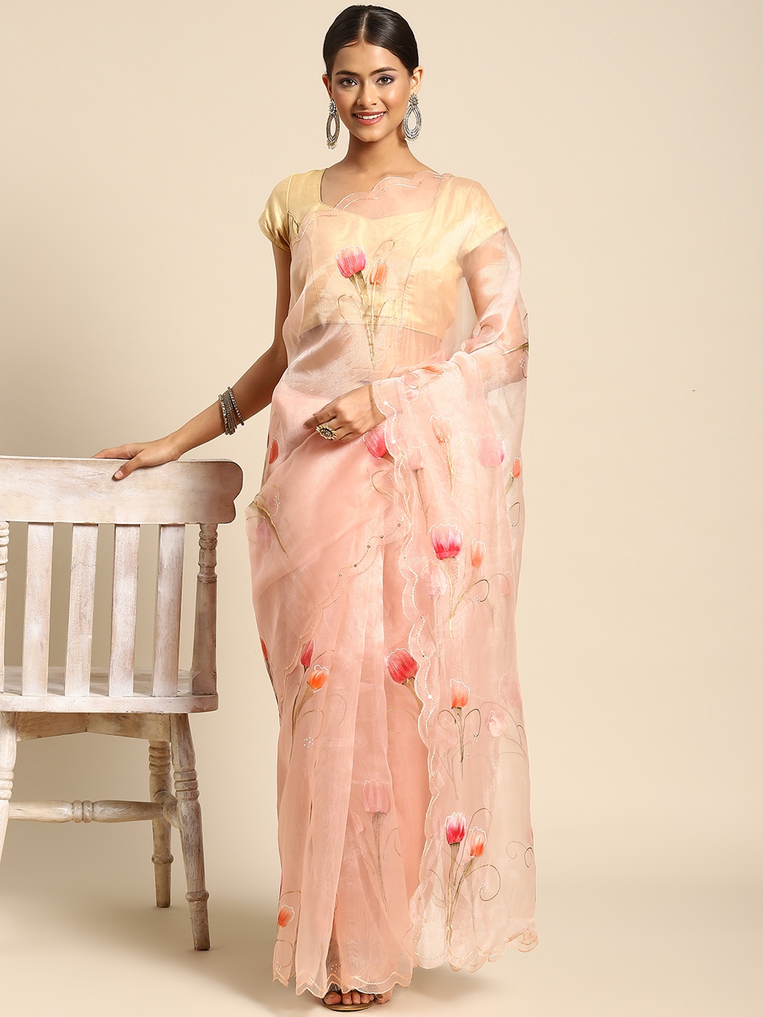 

Anouk Peach-Coloured Hand-Printed Floral Organza Saree