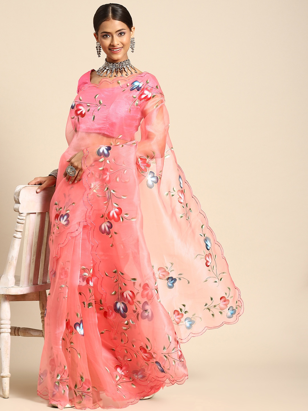 

Anouk Peach-Coloured & Blue Hand-Printed Floral Organza Saree
