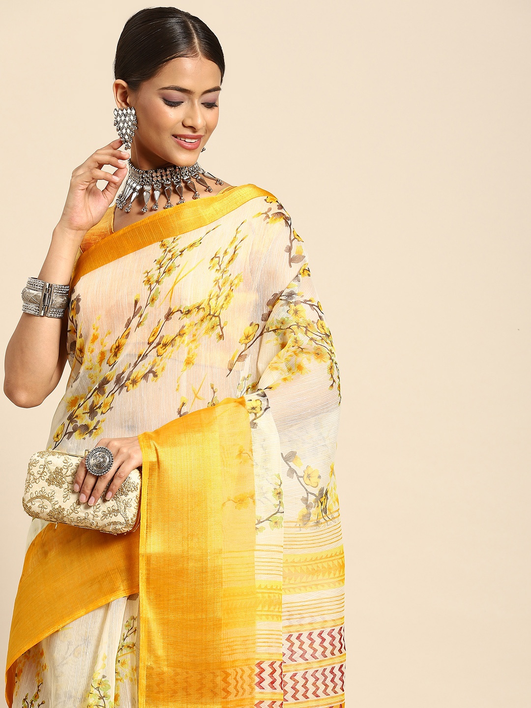 

Anouk Off White & Mustard Yellow Floral Print Saree