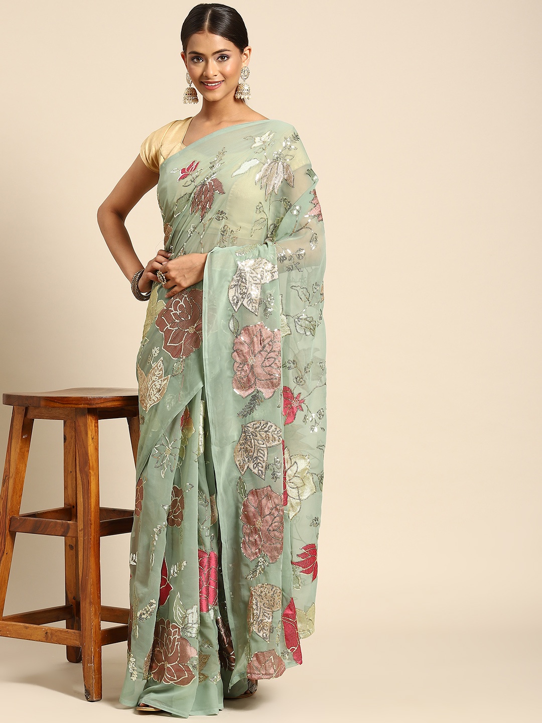 

Anouk Sage Green & Red Floral Saree