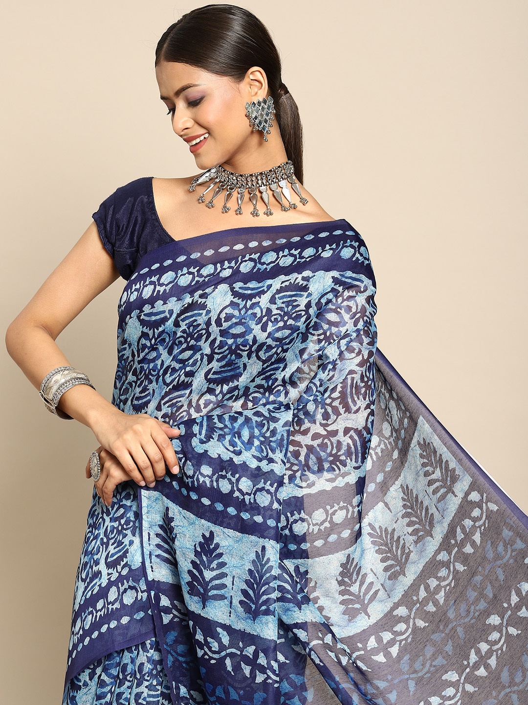 

Anouk Blue Ethnic Motifs Printed Saree