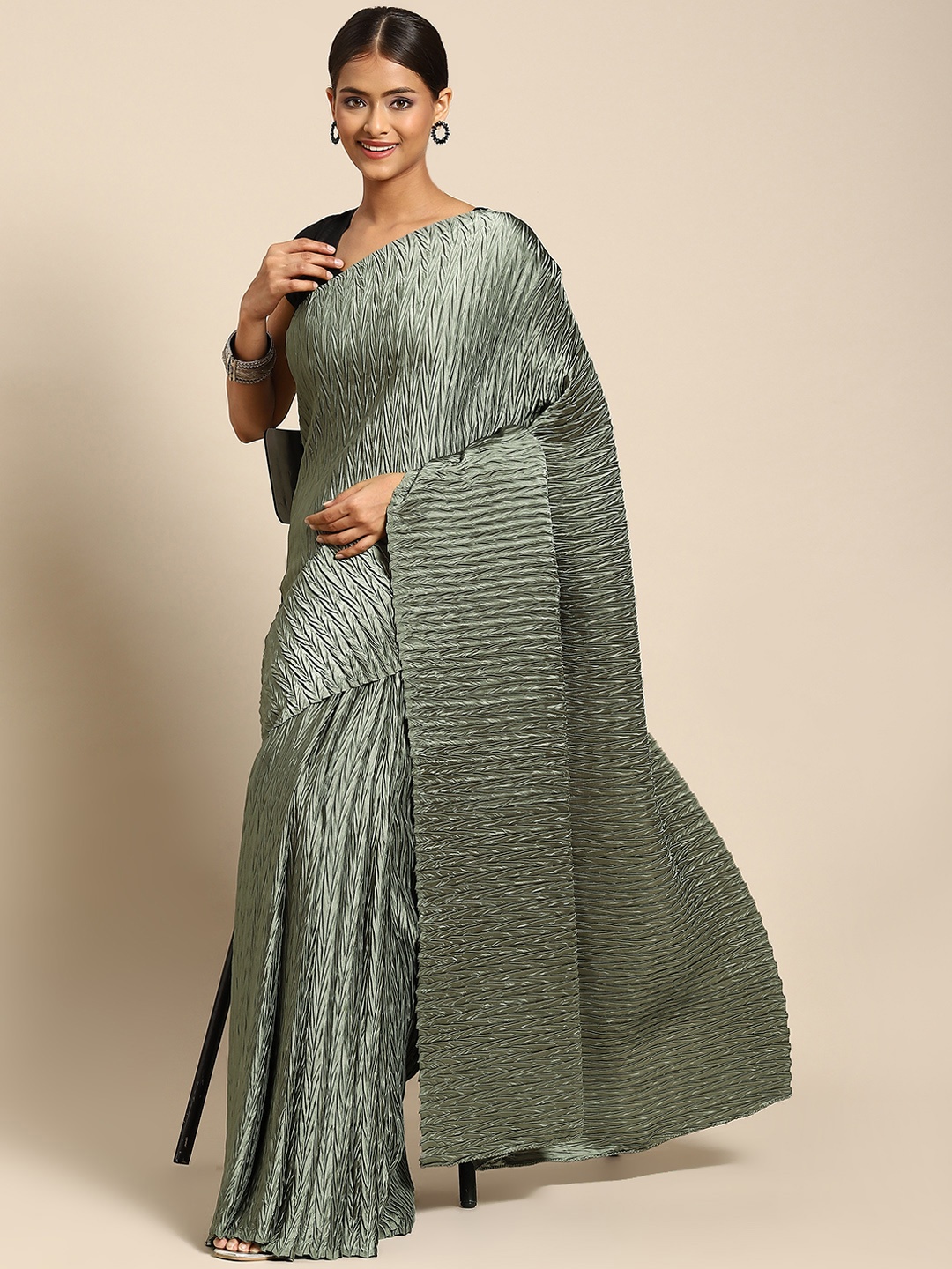 

Anouk Grey Self Design Satin Saree
