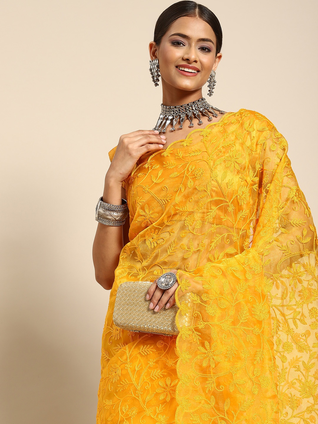 

Anouk Mustard Yellow Ethnic Motifs Organza Saree