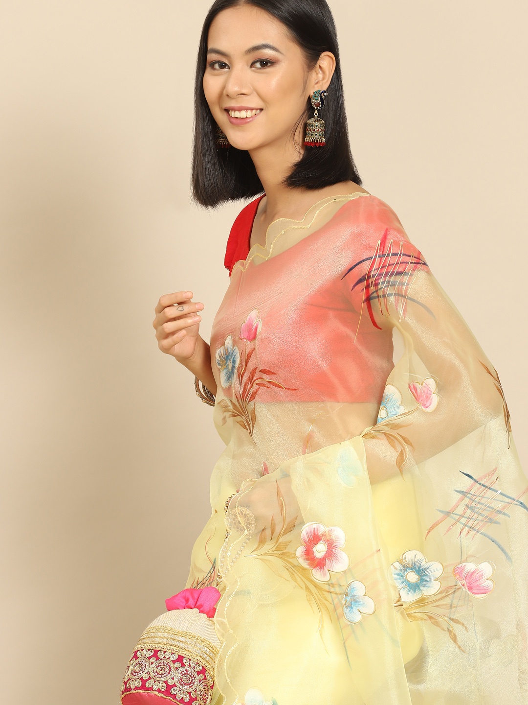 

Anouk Yellow Hand-Printed Floral Organza Saree