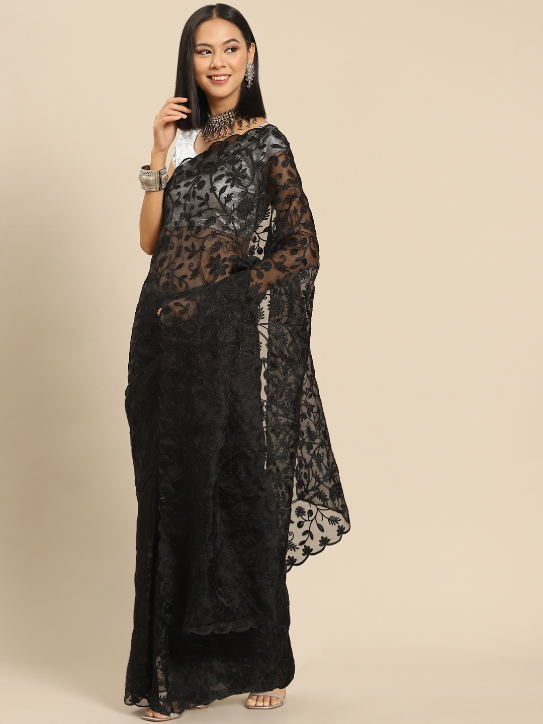 

Anouk Black Floral Embroidered Organza Saree