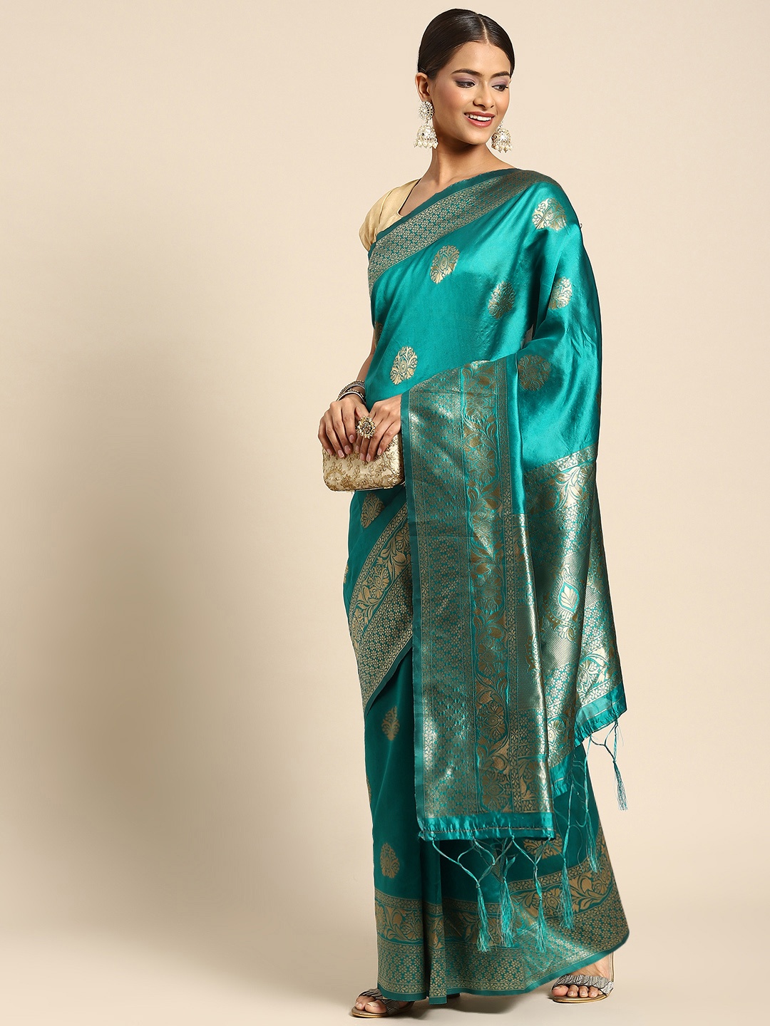 

Anouk Teal & Golden Ethnic Motifs Silk Blend Banarasi Saree