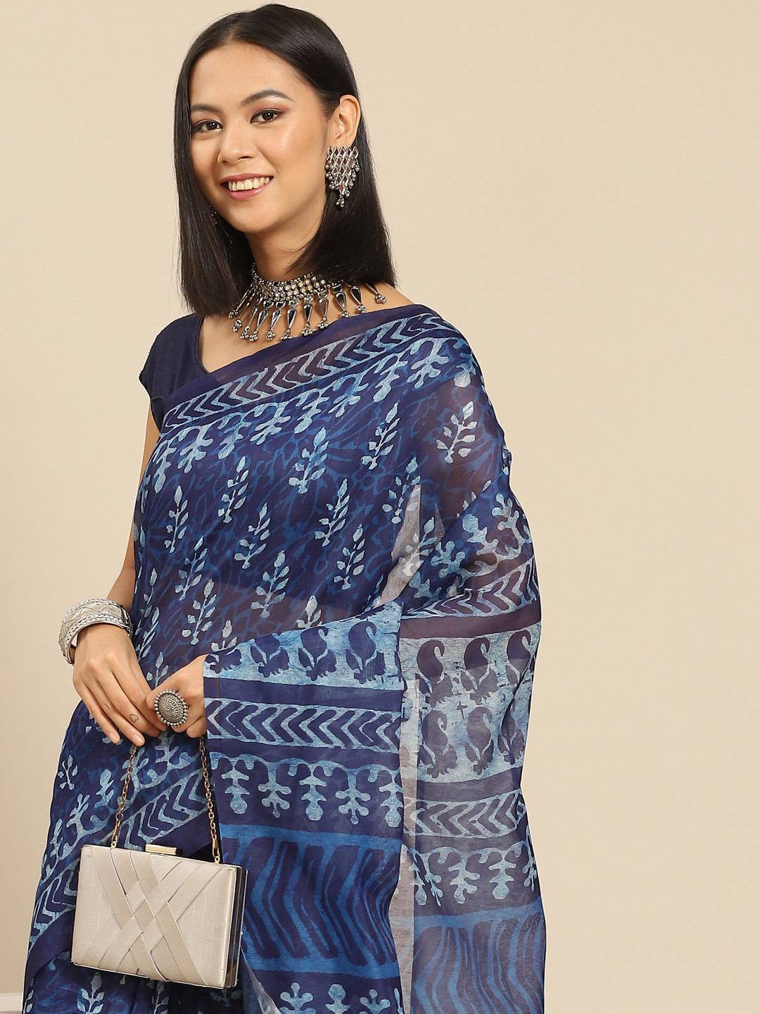 

Anouk Blue Ethnic Motifs Print Saree