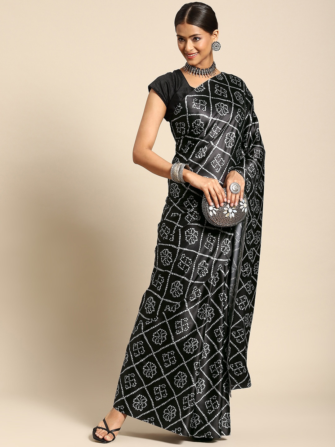 

Anouk Black & Grey Printed Satin Bandhani Saree