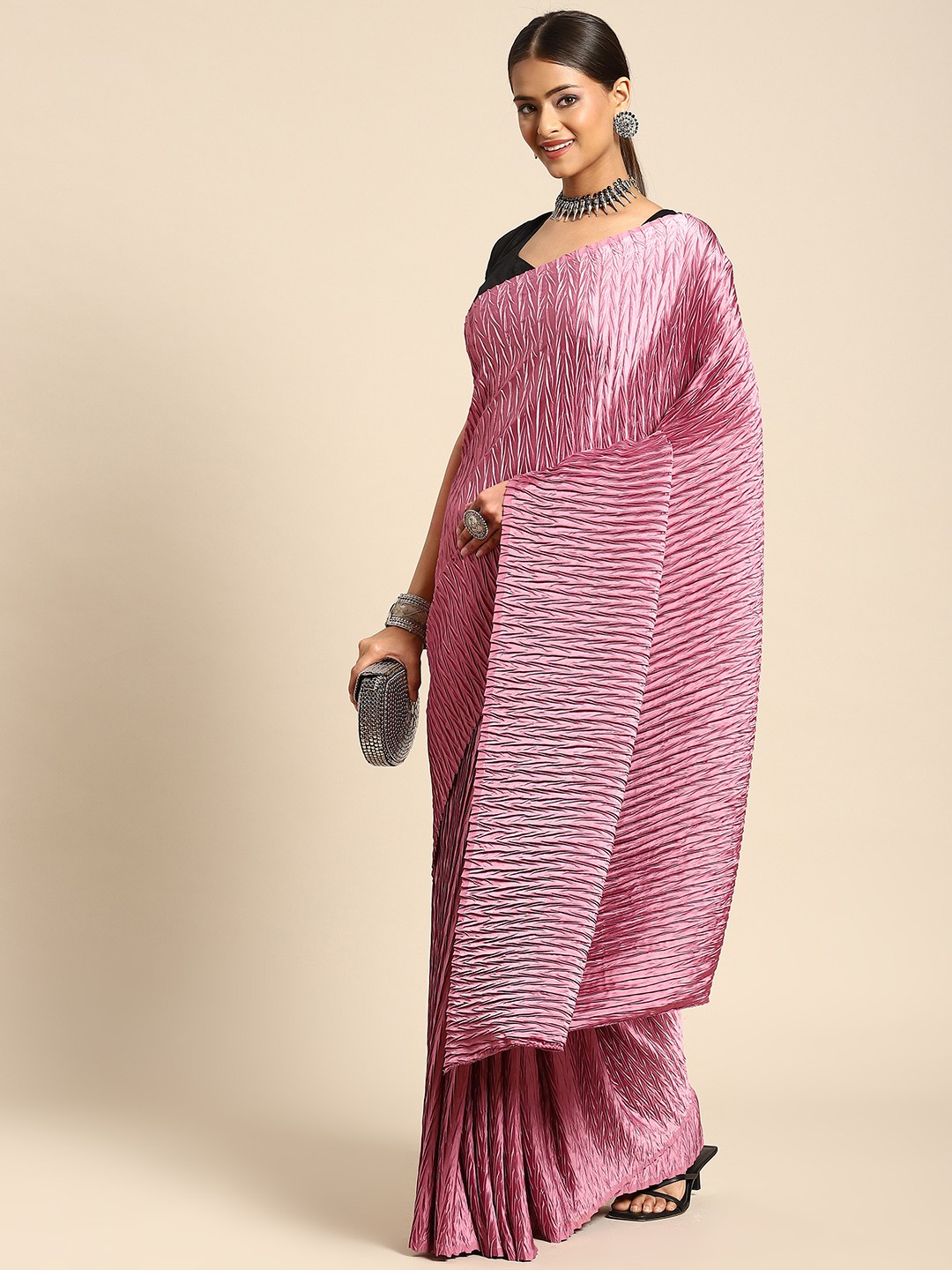 

Anouk Pink Self Design Satin Saree