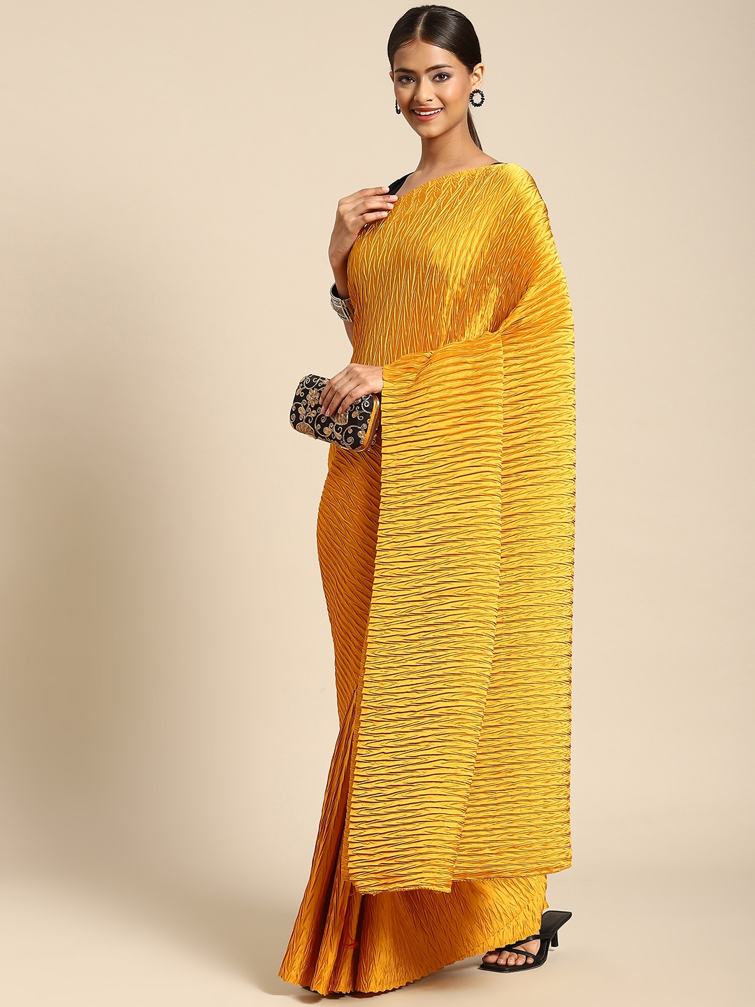 

Anouk Mustard Yellow Self Design Satin Saree