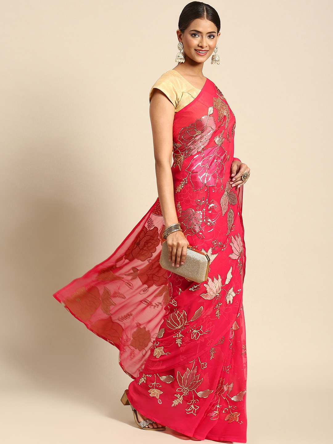 

Anouk Coral Red Floral Saree with Sequin Detail