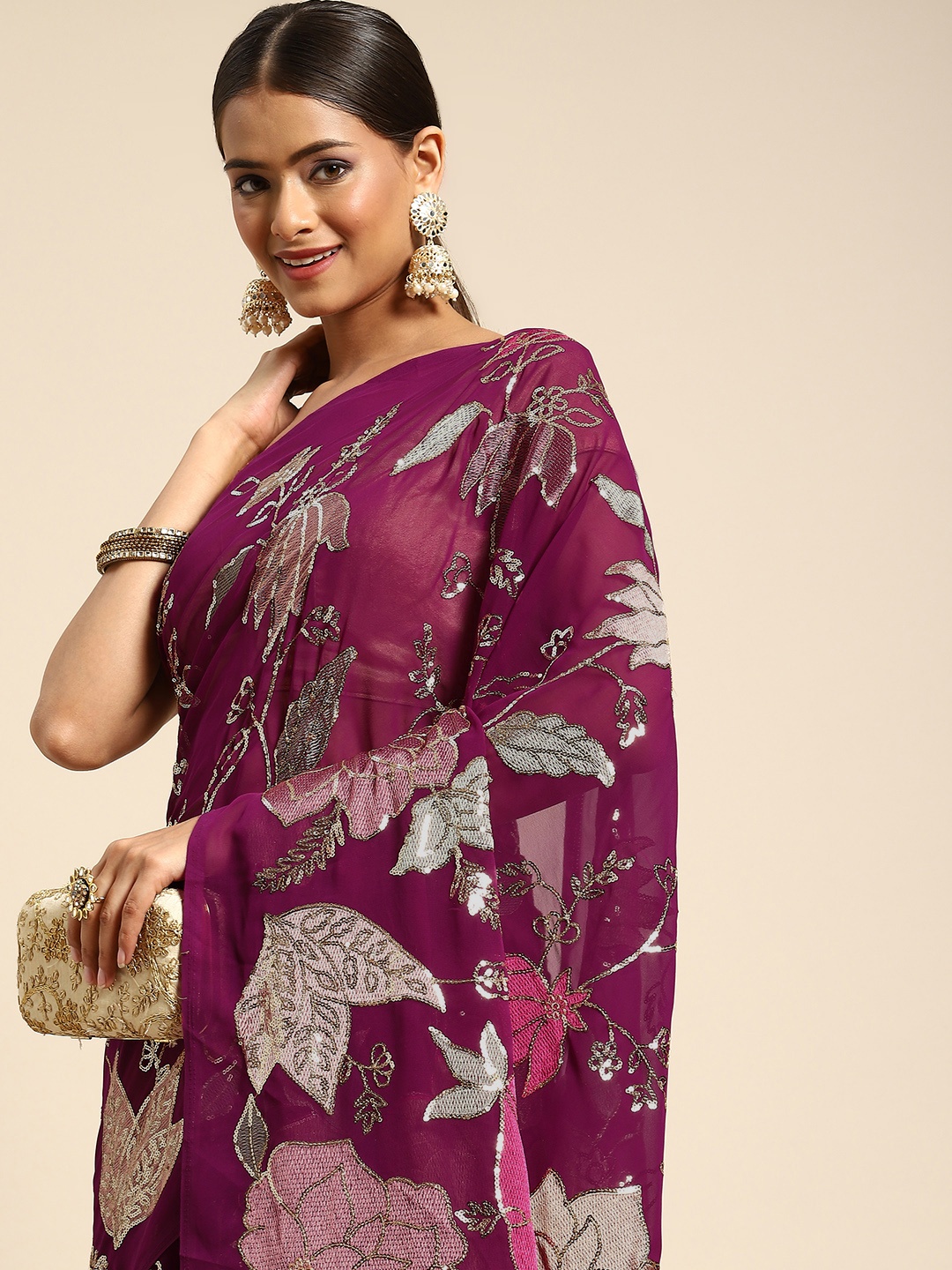 

Anouk Burgundy & Silver Floral Saree