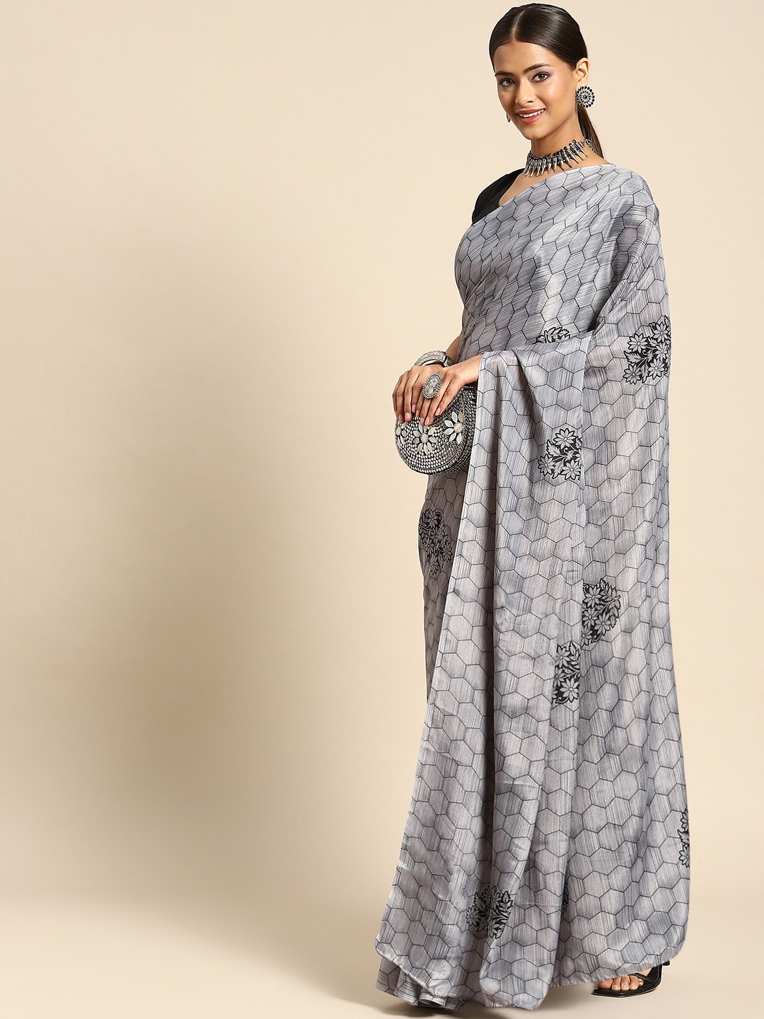 

Anouk Grey & Black Silk Blend Saree