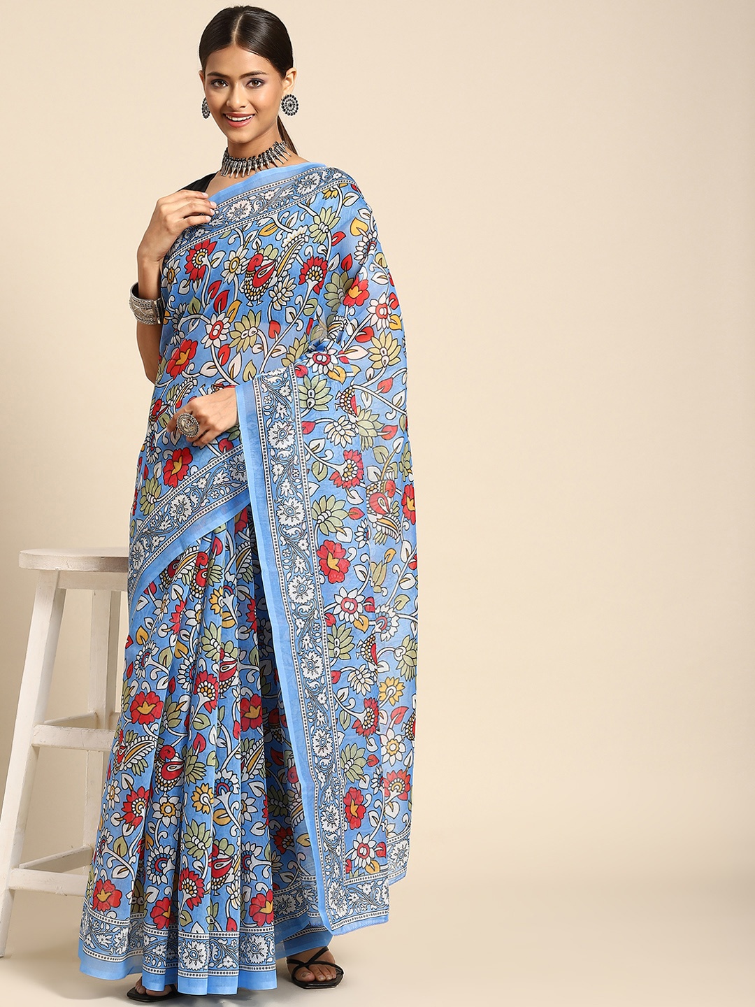 

Anouk Navy Blue & Red Ethnic Motifs Saree