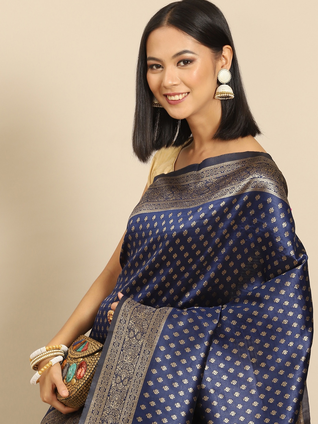 

Anouk Navy Blue & Golden Woven Design Banarasi Saree