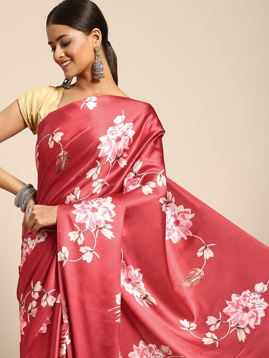 

Anouk Coral Red Floral Print Satin Saree