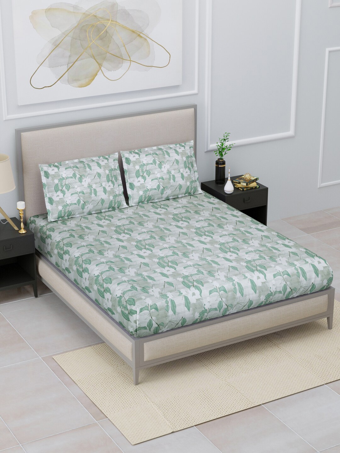 

Home Fresh Green & White Floral 120 TC Cotton Queen Bedsheet with 2 Pillow Covers