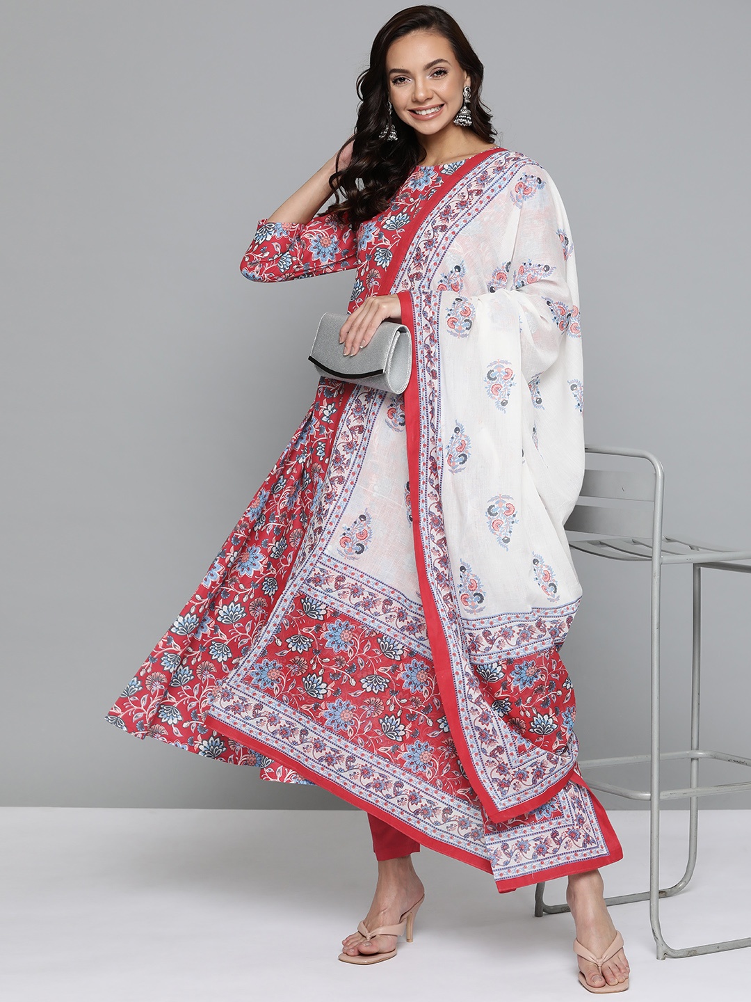 

HERE&NOW Women Red & White Ethnic Motifs Printed Pure Cotton Kurta with Trousers & Dupatta