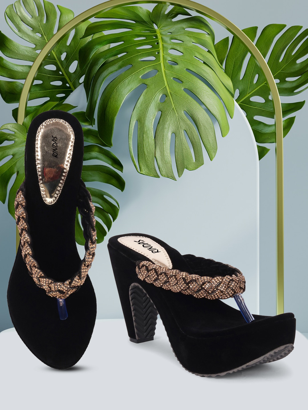 

RINDAS Black Embellished Velvet Block Sandals