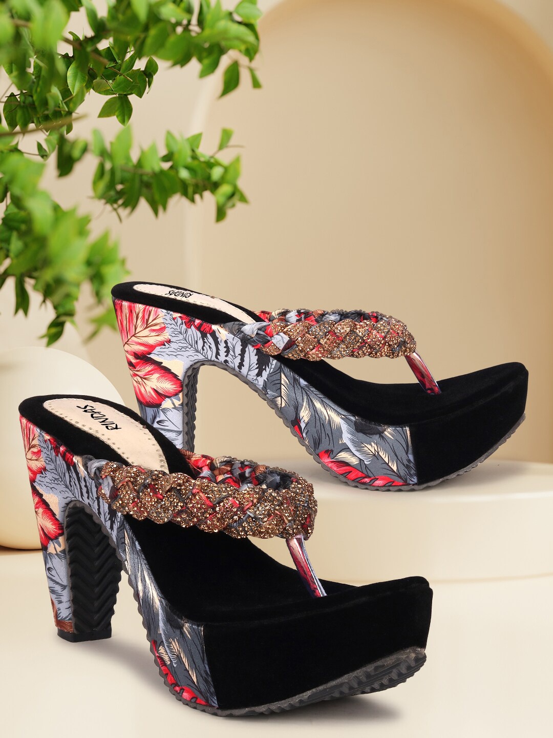 

RINDAS Red & Blue Velvet Block Heels