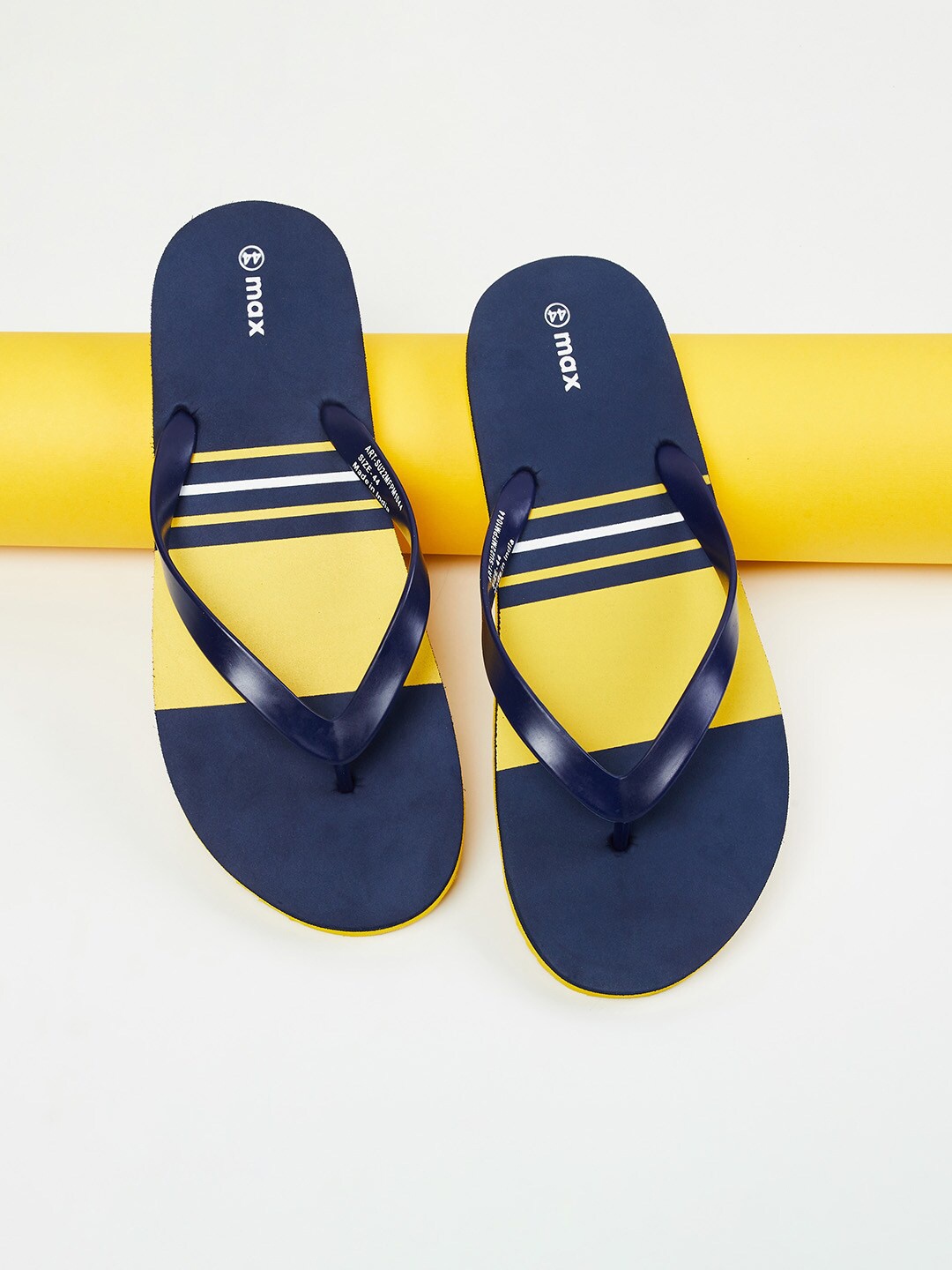 

max Men Yellow & Navy Blue Striped Thong Flip-Flops