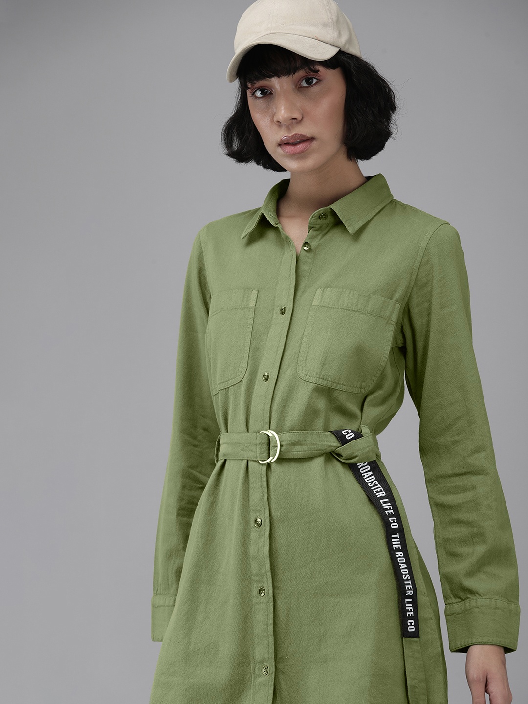 

Roadster Women Olive Green Solid A-Line Shirt Dress With A Belt