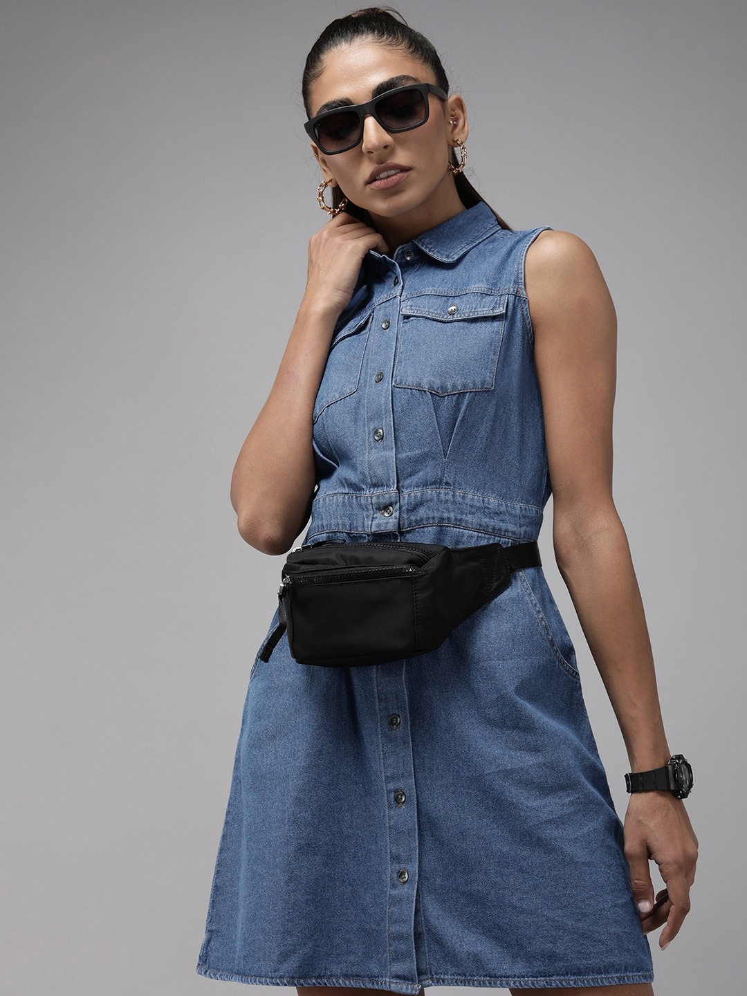 

The Roadster Lifestyle Co. Women Blue Solid Pure Cotton Denim Shirt Dress