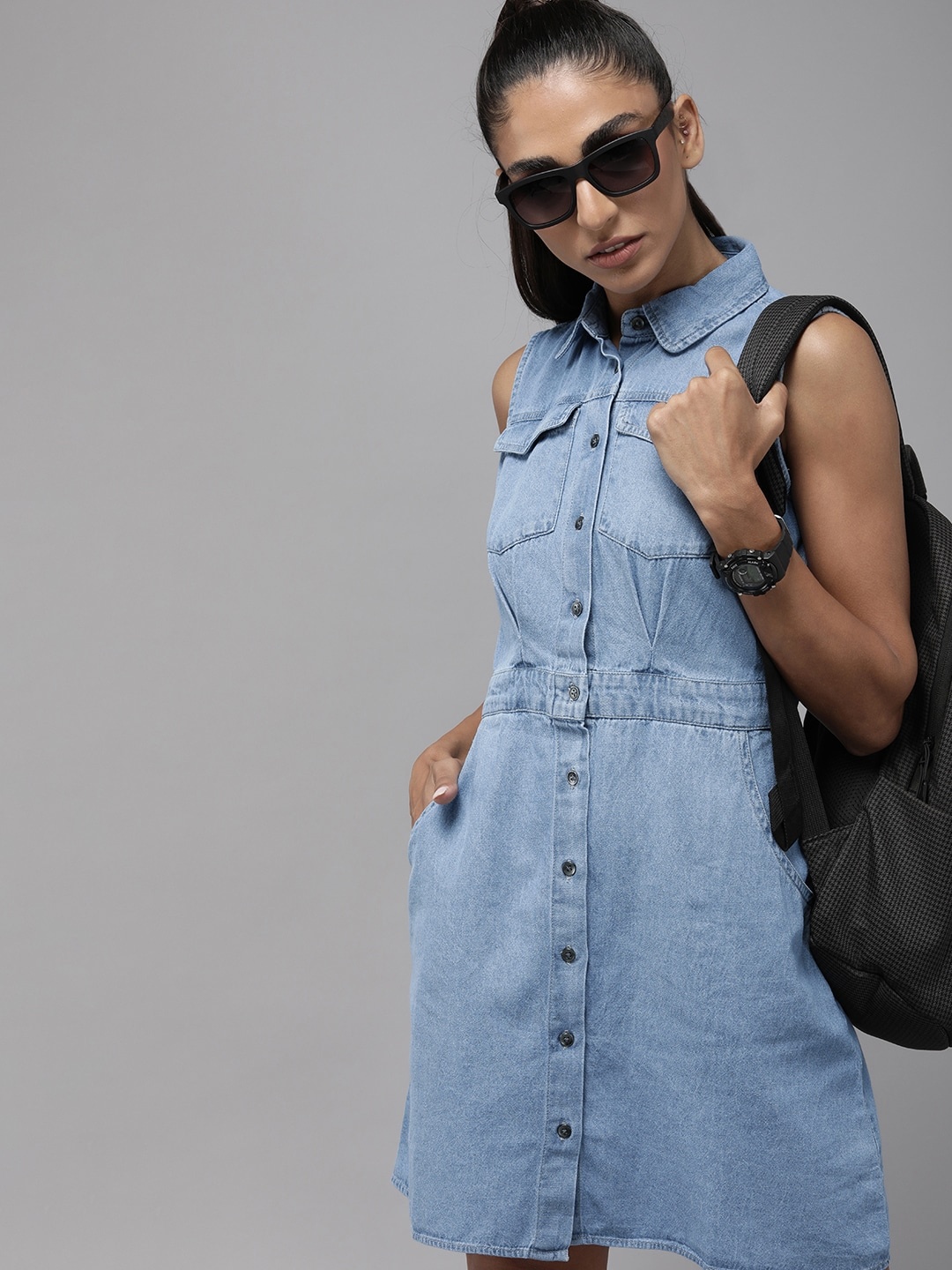 

The Roadster Lifestyle Co. Women Blue Solid Pure Cotton Denim Shirt Dress
