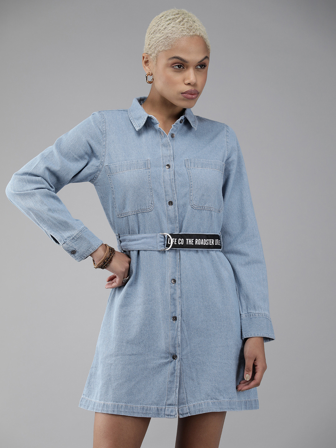

The Roadster Lifestyle Co. Women Blue Solid Denim Pure Cotton Shirt Dress With Belt